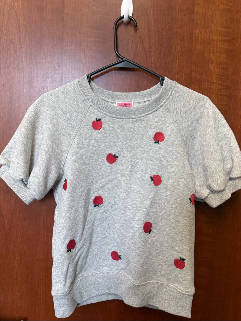 Kate Spade Grey Short-Sleeve Sweatshirt with Red Apple Embroidery